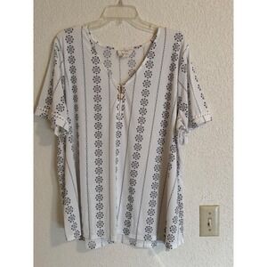Flower & Feather Womens 3XL White Black Geometric Medallion Zip V-Neck Blouse